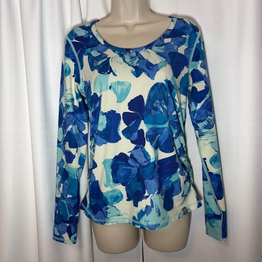 Title Nine Long Sleeve Top Women's S Blue Floral Ruched Sides Active Athletic